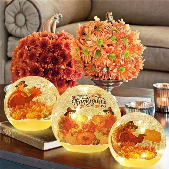 Thanksgiving Table Decorations, Set of 3 Turkey Sparkling Crackle Glass Ball - Picture 3 of 7